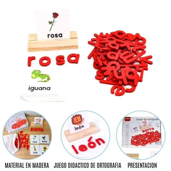 Juego de ortografía en madera con letras y tarjetas