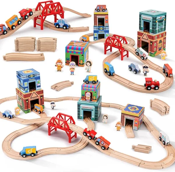Pista de tren en madera con figuras - Cucurumi