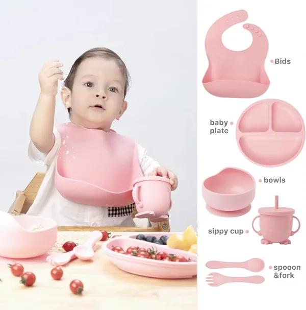 Vajilla para bebé de silicona rosada de 6 piezas